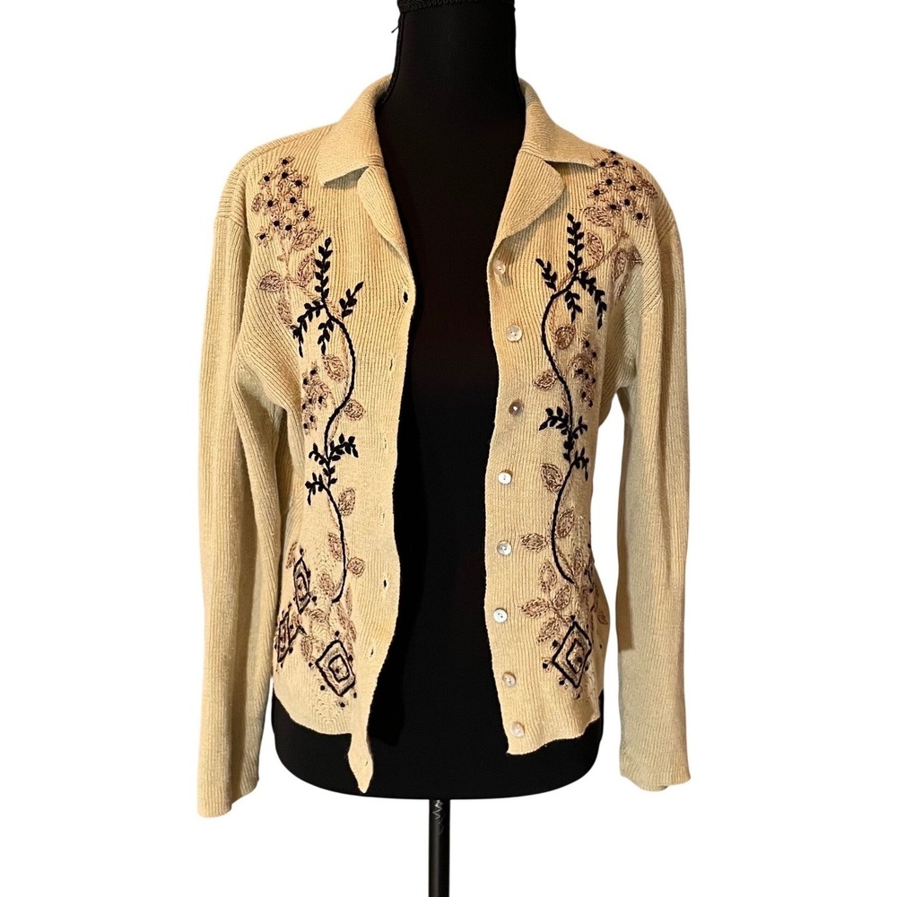 Beige Embroidered Floral Button‎ Front Cardigan Women Large 90s Whimsical Folk